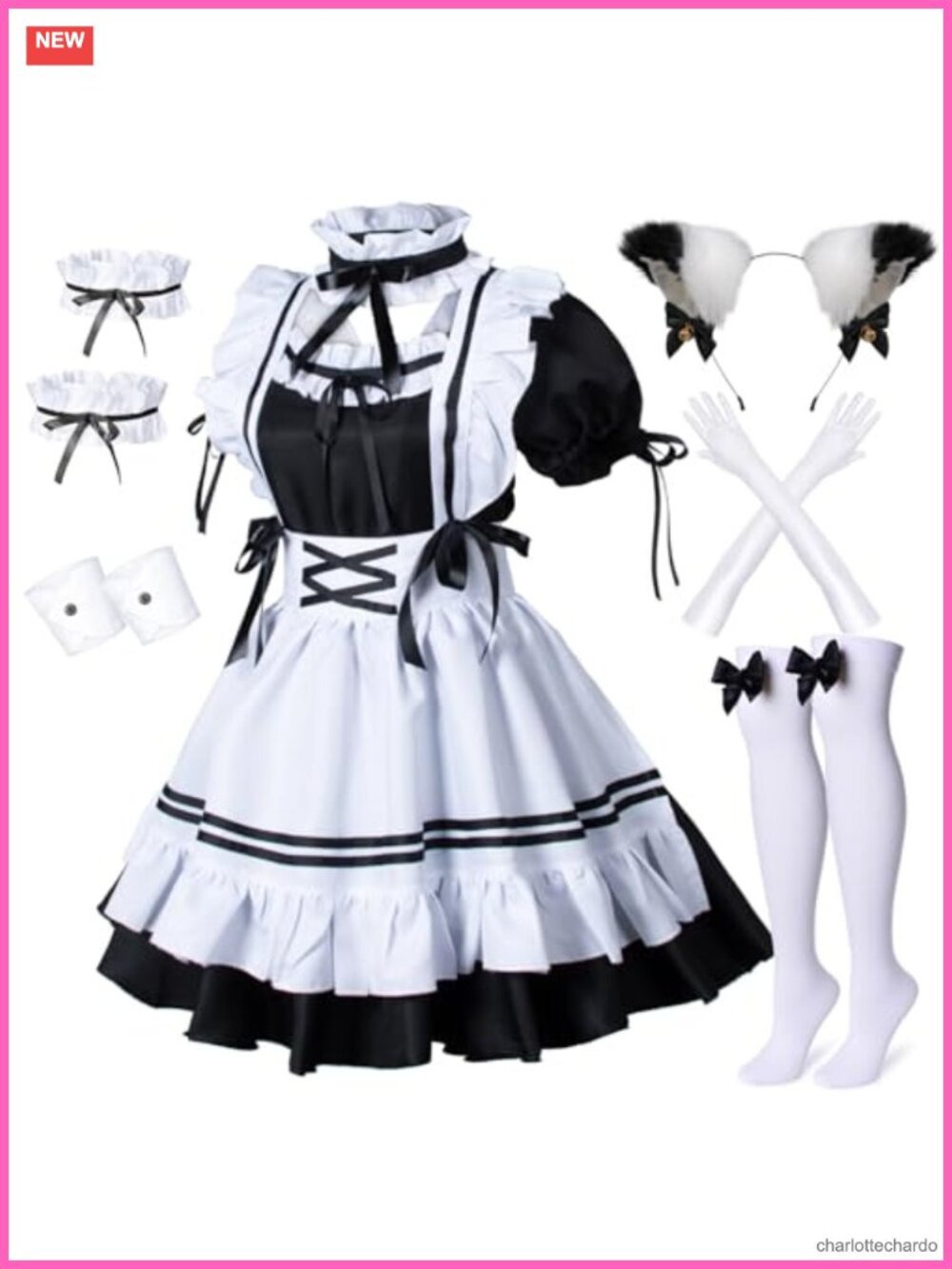 Anime French Maid Apron Lolita Fancy Dress Cosplay Costume Set 8pcs